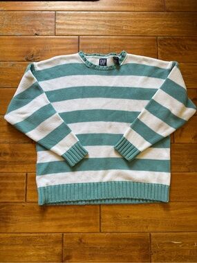 GAP Men’s Striped Sweater in Teal and White Size Small 100% cotton Sporty Prep